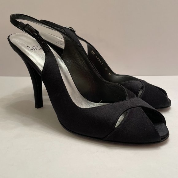 Stuart Weitzman Satin Peep Toe Slingback Heels - Picture 3 of 14